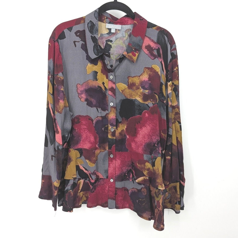 Habitat Blouse Women Large Gray Floral Abstract Button Up Office Artsy Top 33920